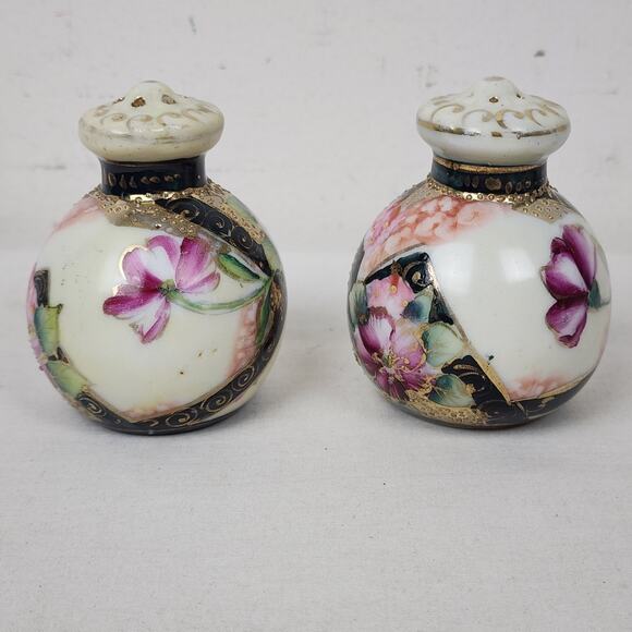 Victorian Salt & Pepper Shaker Set Moriage Floral Rose Gilt Muffineer Pink Black - Picture 4 of 11